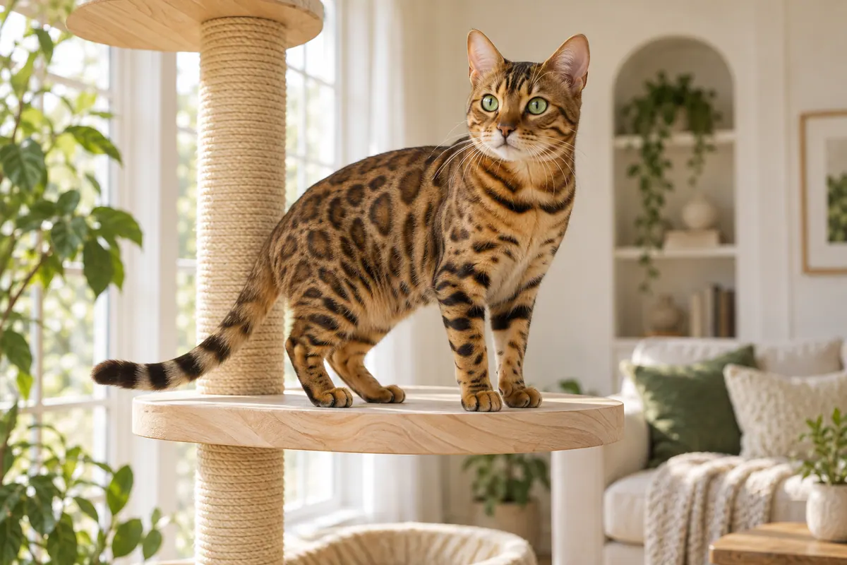 A brown Bengal cat on a broad wooden perch beside a scratching post